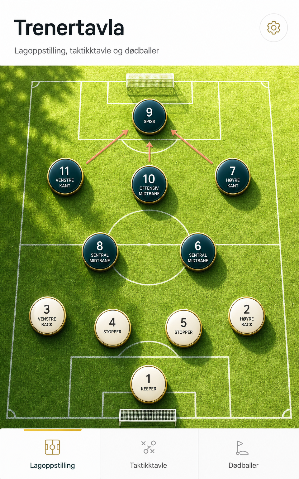 Trenertavla-appen vist på en iPhone med lagoppstilling i 4-3-3